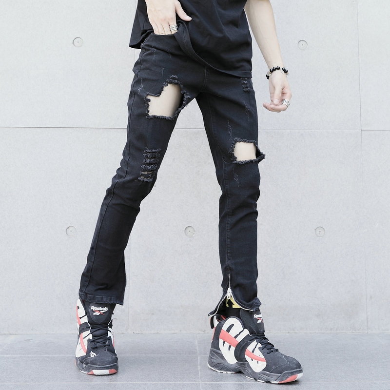 夏天国潮高街破洞欧美男士牛仔裤韩版潮流修身小脚休闲裤乞丐裤子