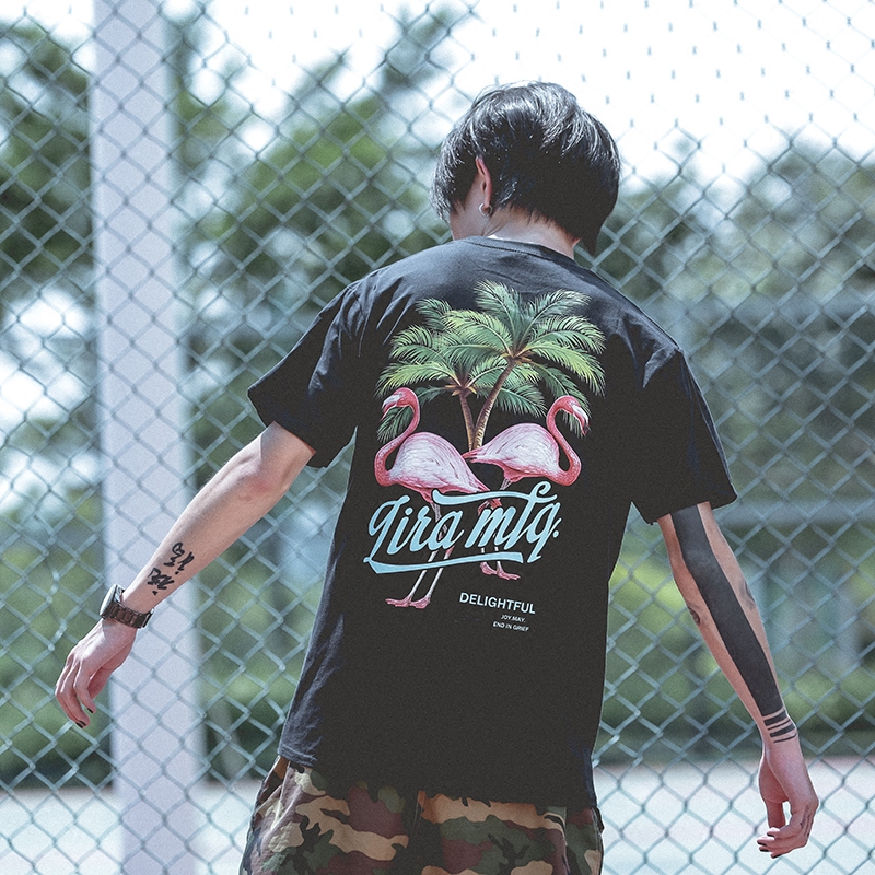 日系复古仙鹤印花短袖纯棉休闲T恤原宿青年港风街头潮牌男女t