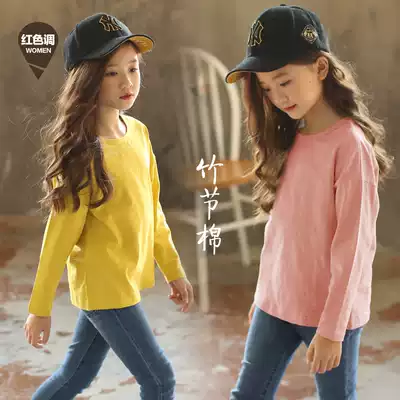 Girls slub cotton round neck long sleeve T-shirt spring and autumn children's cotton shoulder top baby casual clothes