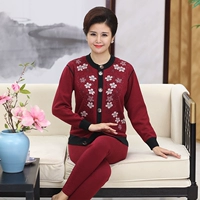 Áo nịt len ​​trung niên nữ nhiệt cỡ lớn dày cộng với đôi cotton nhung 襟 Bộ đồ Qiuyi Qiuku Jacquard mùa đông quần áo giữ nhiệt nữ trung niên