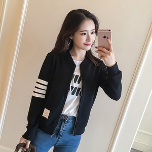 开衫外套女春秋冬棒球服女韩版拉链卫衣四条杠薄款宽松简约夹克女