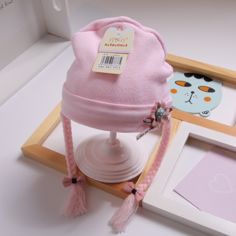 Baby hat 0-3 months newborns pure cotton 2 tyre cap Princess cute female baby wig braid head cap tide