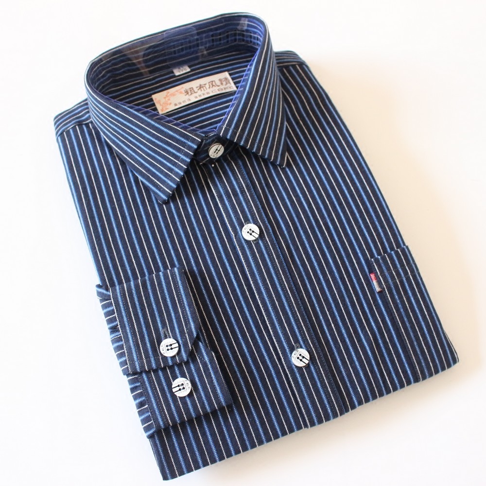 Spring and autumn middle-aged and old cotton old coarse cloth men's long-sleeved shirt thickened loose dark striped shirt