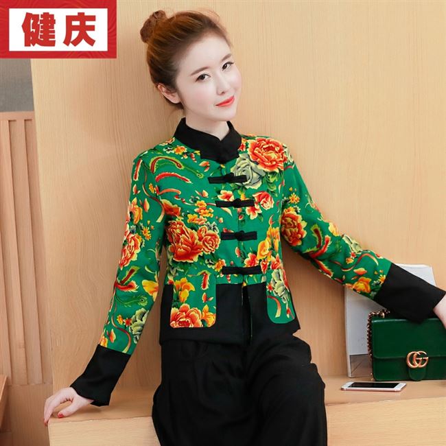 . 2019 mùa thu retro gió quốc gia mùa thu và mùa đông của phụ nữ cotton và vải lanh ngắn áo hoa lớn vải khóa áo mùa đông nhỏ bên ngoài - Áo khoác ngắn