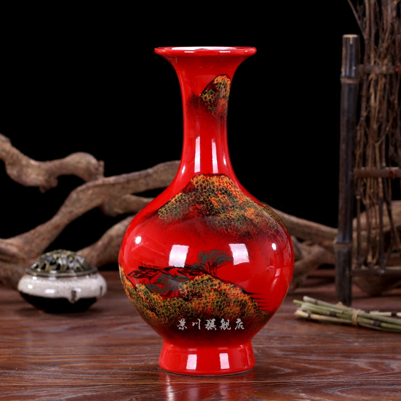 Jingdezhen ceramics China red landscape dried flowers flower arrangement floret bottle of modern Chinese style living room small ornament adornment