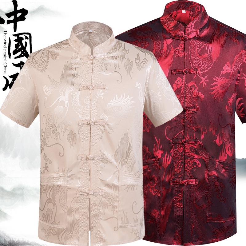 Summer short-sleeved men's Tang suit silk Han suit Middle-aged and elderly Dad shirt top Chinese style grandpa casual wear