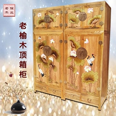 Шкаф 实木顶箱柜榆木中式彩绘收纳四门衣帽柜厂家定制挂衣柜卧室大衣柜