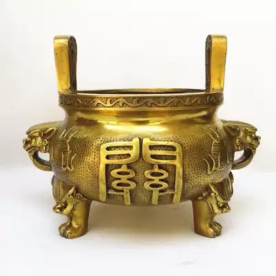 Pure brass bronze enshrined Guan Gong incense burner three-legged double ears
