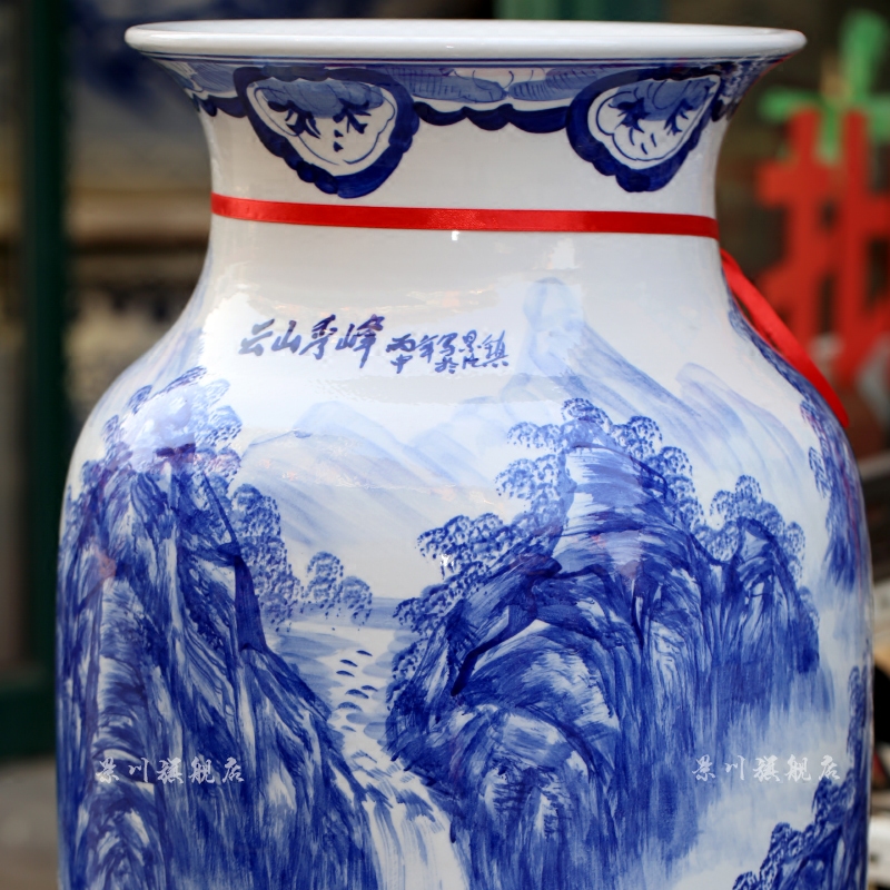 Jingdezhen ceramics hand - made of blue and white landscape of large vase quiver sitting room adornment is placed opening gifts
