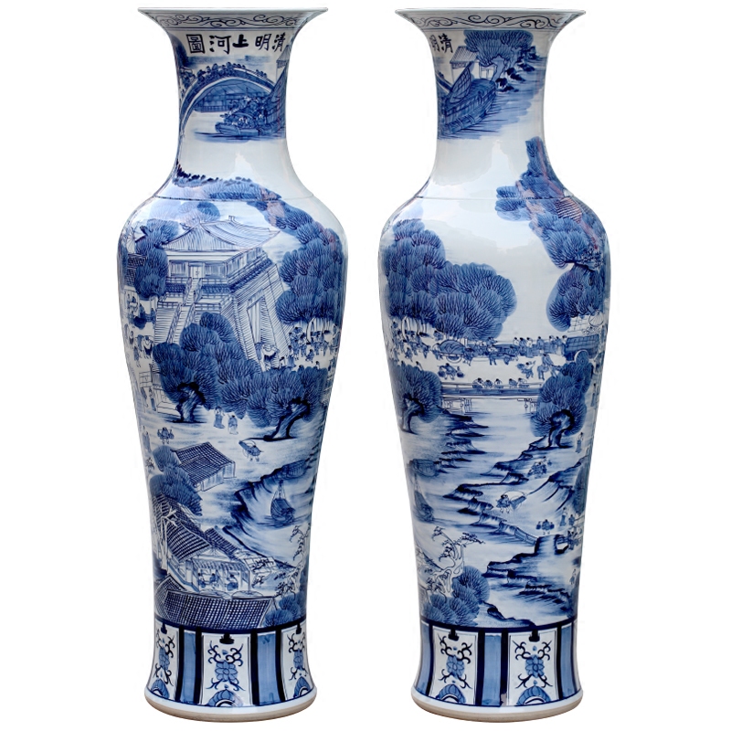 Blue and white porcelain of jingdezhen ceramic qingming scroll big vase home sitting room ground flower arranging furnishing articles adornment