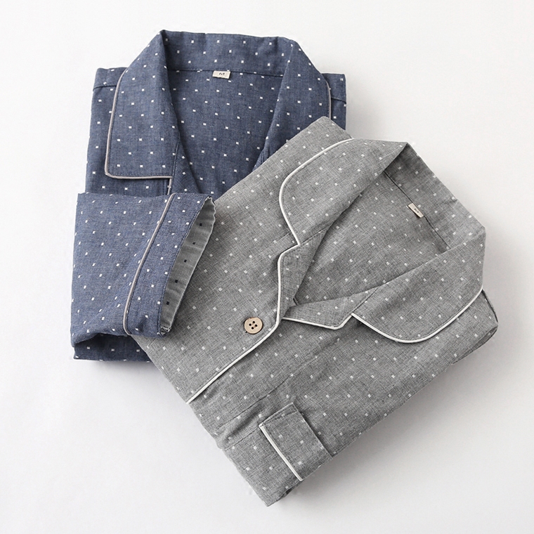 Spring and summer cotton double-layer gauze couple pajamas women's long-sleeved unprinted style men's solid color thin section cotton and linen home service