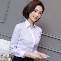 Áo sơ mi nữ chuyên nghiệp mới Áo sơ mi sọc tím mỏng công cụ tay dài cổ áo trắng cổ chữ V cotton OL ao so mi nu