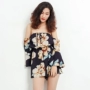 In một vai in eo eo tay áo jumpsuit Retro ống top quây lệch vai quần ống rộng quần đùi nữ đẹp