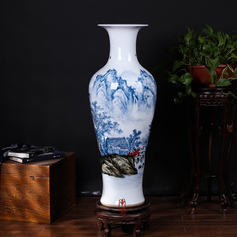 Jingdezhen ceramic hand - made under high temperature and glaze color blue and white landscape sitting room big furnishing articles household geomantic ground vase