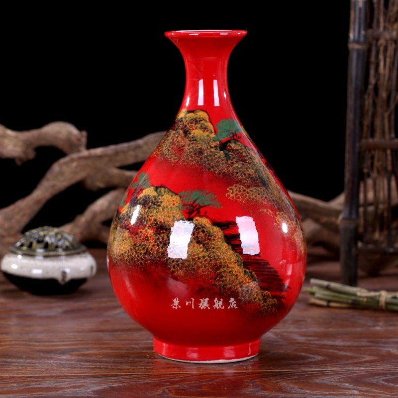Jingdezhen ceramics China red landscape dried flowers flower arrangement floret bottle of modern Chinese style living room small ornament adornment