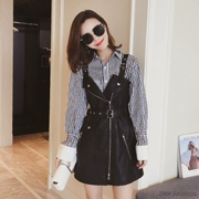 Đen V-cổ eo dây đeo váy nữ mùa thu 2017 mới chic cao eo là mỏng Một từ da nhỏ váy