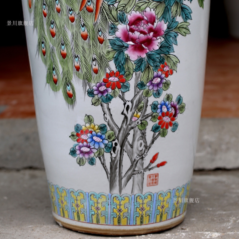 Jingdezhen ceramics hand - made pastel color peacock peony hotel furnishing articles home sitting room of large vase