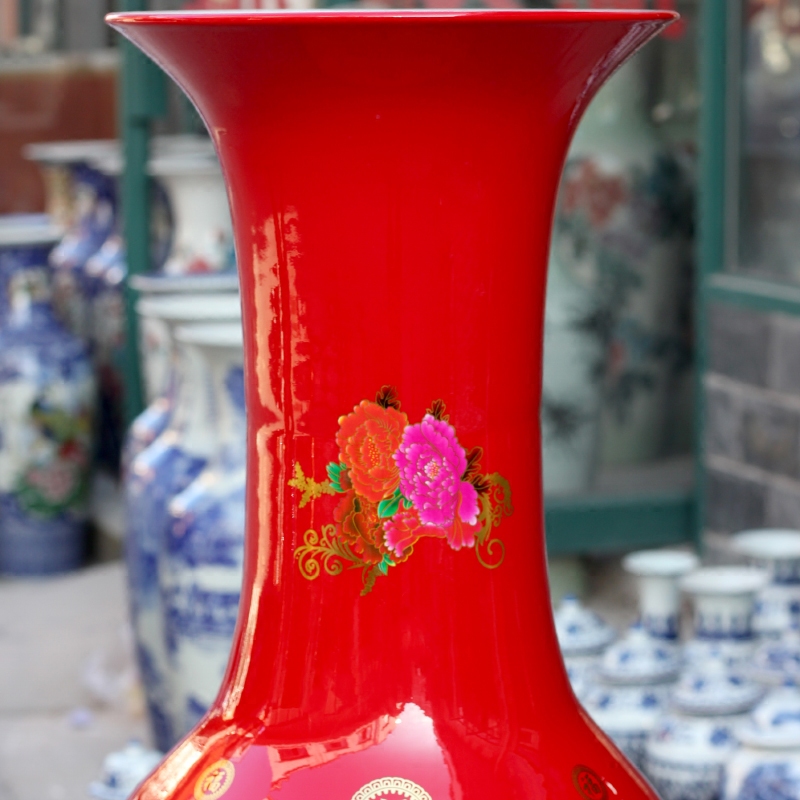Jingdezhen ceramics China red color big vase peony hotel home sitting room ground adornment large - sized furnishing articles