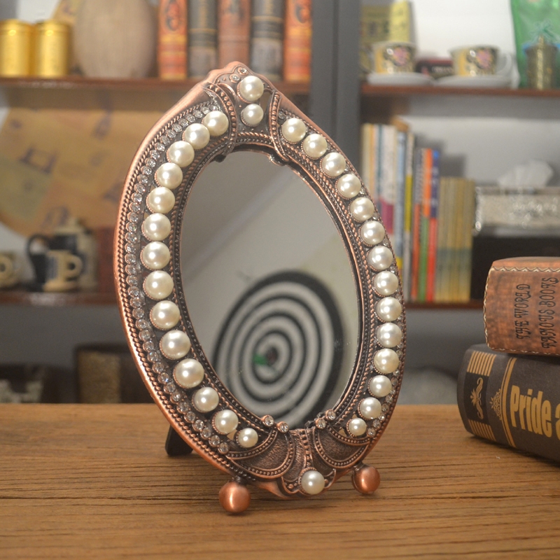European single mirror Red copper makeup mirror Diorama High-grade pearl makeup mirror Oval mirror table mirror Flower edge mirror