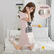 Váy ngủ nữ mùa hè đai ngực có thể tháo rời cotton ngắn tay giữa váy lỏng đơn giản không mặc áo ngực dài