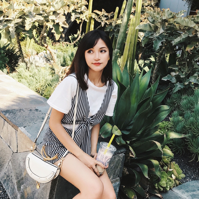 周小熊BEARUN 夏款2017新款韩版显瘦条纹连体裤V领蝴蝶结女