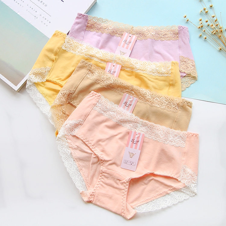 (5 bars) Exports Japan No Marks Gold Lace middle waist Women's pure cotton with large size all-cotton triangular underwear