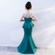 Đầm ren xanh mới thời trang giả hai cô gái Kiểu dáng đuôi cá thon dài catwalk dạ hội 2018 quần áo trẻ con Váy trẻ em