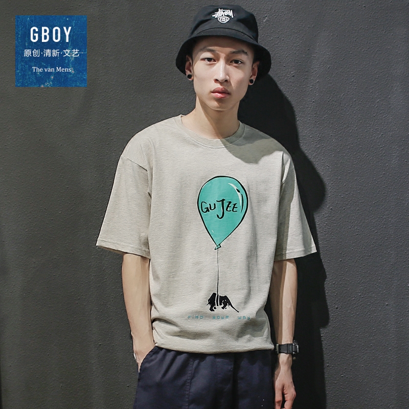 GBOY夏季日系宽松落肩袖气球印花短袖T恤男青年潮流圆领透气上衣