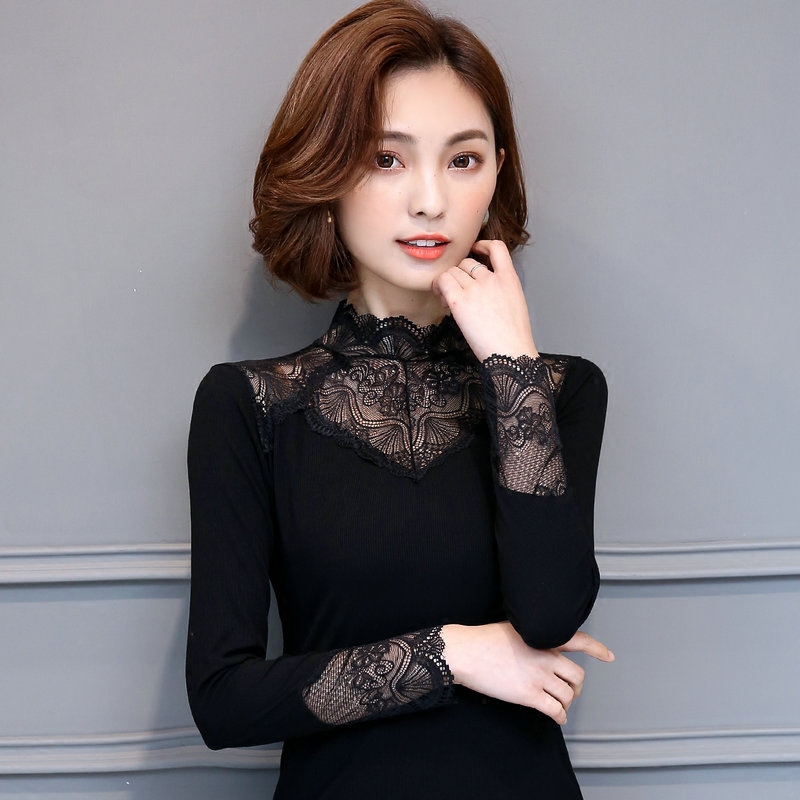 Modal Lace Shirt, New Spring and Autumn High-Neck Black Top, Long-Sleeved Base Shirt, Slim Fit Women's Versatile Autumn Shirt