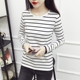 Mùa xuân và mùa thu mới hoang dã sọc áo sơ mi nữ đáy áo cổ tròn hem mở ngã ba mỏng áo thun dài tay áo thun zara nữ Áo phông