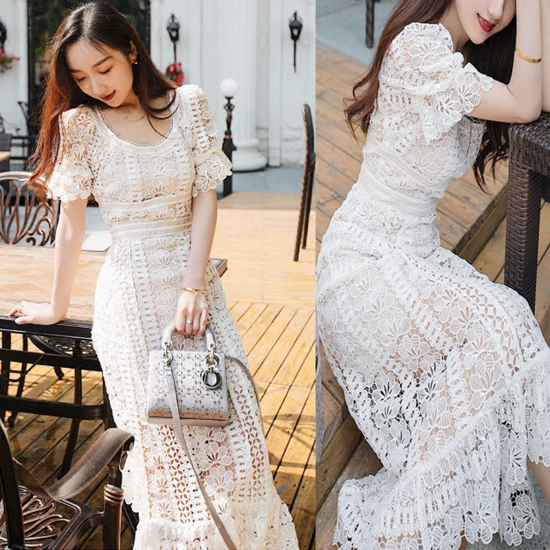 SP thời trang hàn quốc nữ váy ren rỗng nữ mùa hè ngắn tay cao eo váy dài mỏng hợp thời trang - Sản phẩm HOT