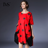IVS2019 mùa thu mới rộng kích thước lớn tay ngắn màu đỏ sóng chấm in váy phụ nữ váy dài giản dị - Váy dài vay di bien