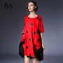 IVS2019 mùa thu mới rộng kích thước lớn tay ngắn màu đỏ sóng chấm in váy phụ nữ váy dài giản dị - Váy dài vay di bien