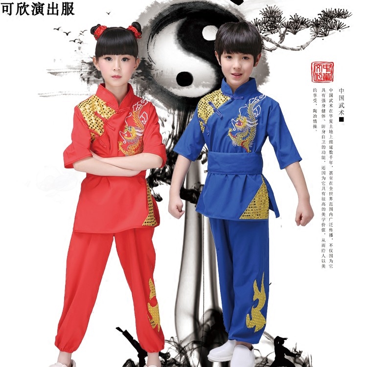 Children's martial arts practice short sleeve pure cotton male and female child young kung-fu kid students practice martial arts performance clothes summer