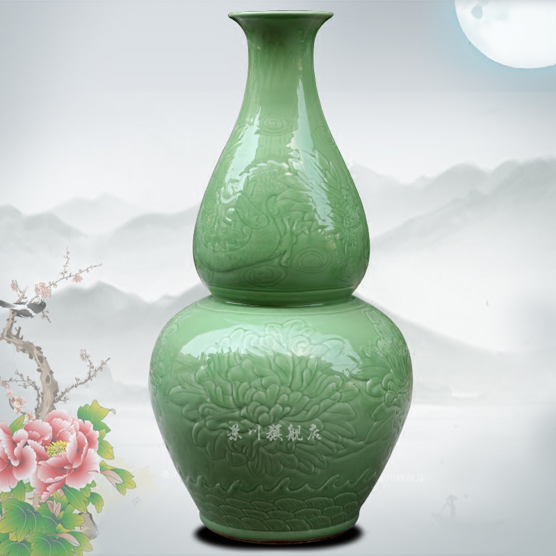 Jingdezhen ceramic film blue in extremely good fortune gourd carving medium vase mesa study office furnishing articles in the living room