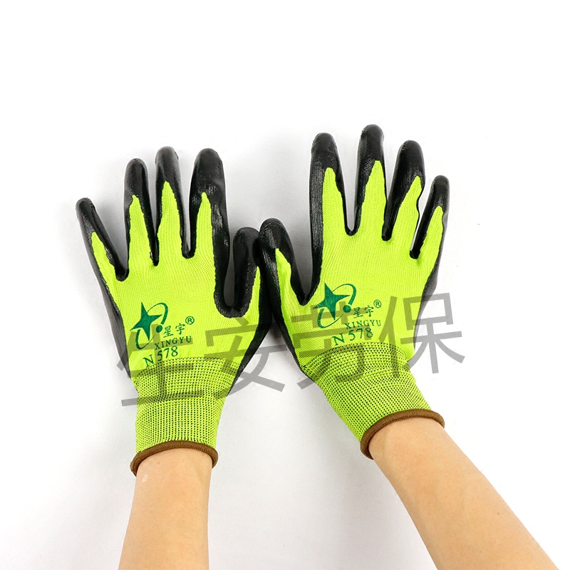 12 Double Star Yu N578 Nylon black rubber Ding clear rubber palm soaked gloves abrasion-proof anti-oil and anti-cut waterproof gloves