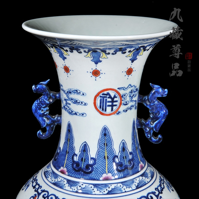 About Nine sect Buddha tasted jingdezhen blue and white color bucket ears panlong hand - made ceramics vase handicraft furnishing articles in the living room