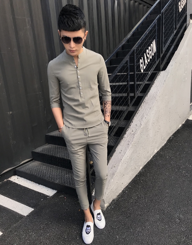 Men's suits with handsome and slim fashion short-sleeved two-piece casual trend summer cotton and linen sports suits