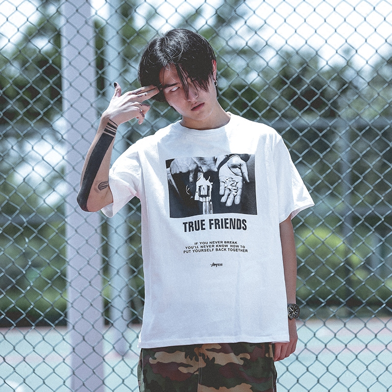 欧美复古西海岸嘻哈街头潮男美式老照片印花t恤港风日系宽松短袖