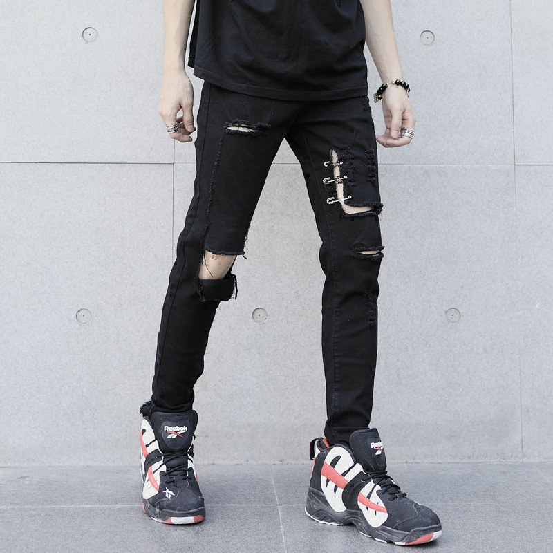 夏季薄款个性破洞补丁男士收脚牛仔裤韩版潮流修身小脚高街休闲裤