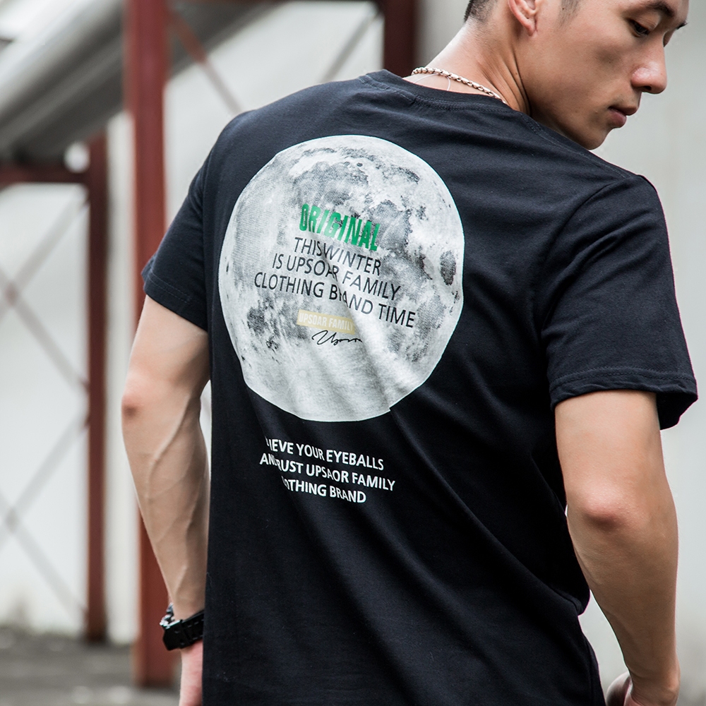 日系复古潮流纯棉圆领短袖t恤男 字母月球印花青少年学生宽松体恤