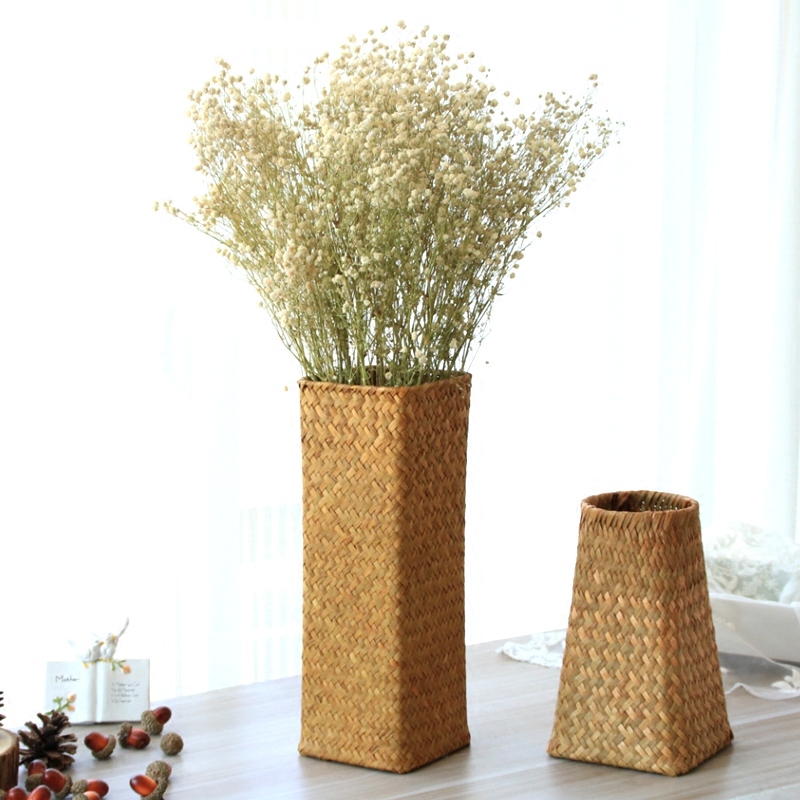 Natural seaweed woven flower basket Pastoral rattan woven bamboo woven living room flower arrangement Indoor starry dried flower pot ornaments