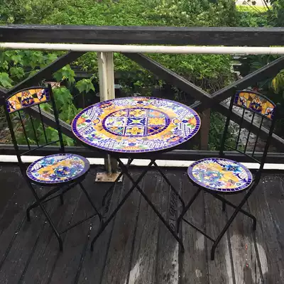 Mediterranean garden Courtyard Balcony Cafe table and chair High-end outdoor mosaic Wrought iron folding table and chair set