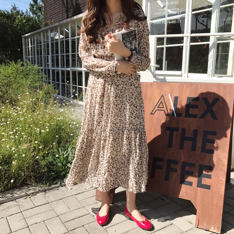 [ELINASEA]小海推荐  初秋百搭气质显瘦碎花长袖V领长款连衣裙女X