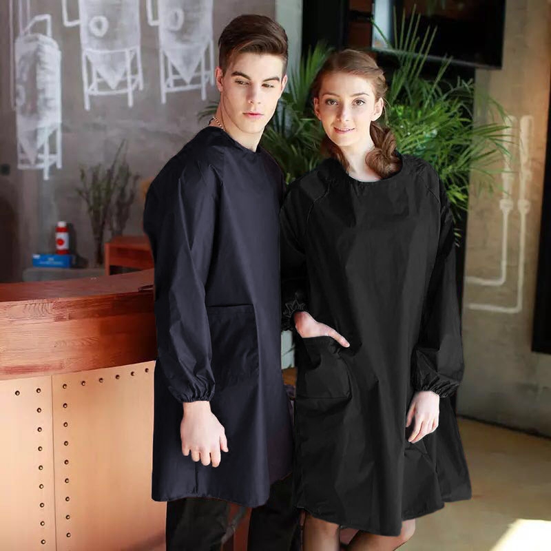 Men's Solid Color Apron Men's and Women's Smooth Cloth Kitchen Long Sleeve Black Coverall Adult Reverse Dressing Fashion Workwear