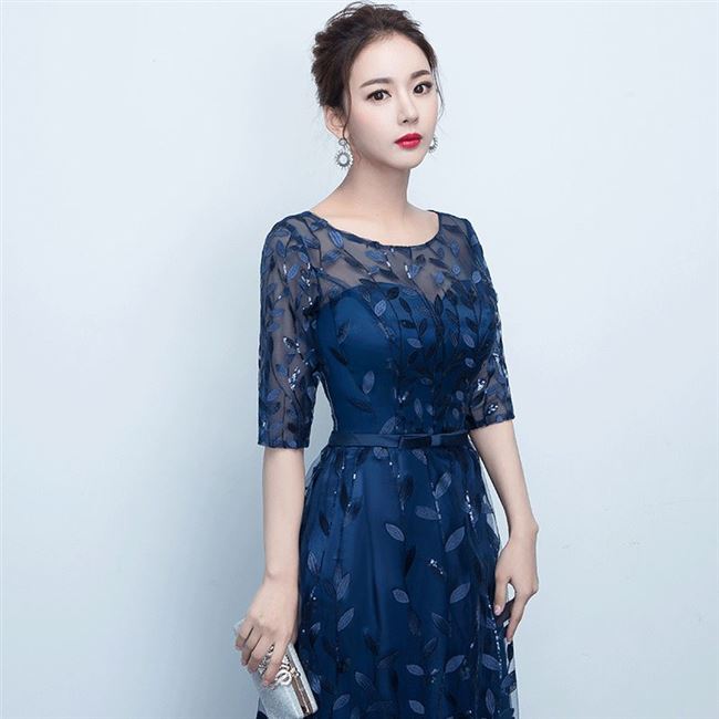 2019 New Evening dress dài cưới tay ren ăn mặc Trim tiệc chủ ăn mặc cô gái