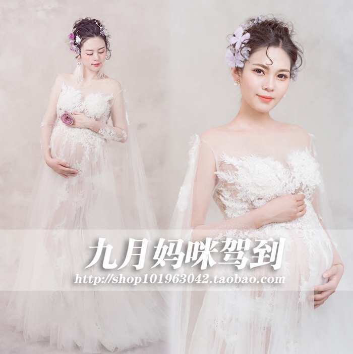 307 Pregnant Woman Photos of Clothing Rental White Lace Fairy Yarn Dresses Photo Gallery Art Writing Real Photo Photography Gown