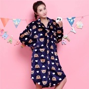 Mùa thu và mùa đông váy ngủ nữ flannel nightcoat cardigan áo thun váy dạ dày dày cộng với phân bón để tăng đồ ngủ nhung san hô