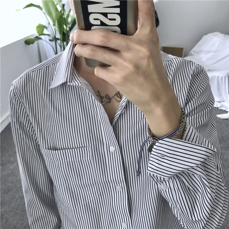 MALE/韩版秋冬长袖条纹衬衫男士打底商务职业休闲百搭修身衬衣