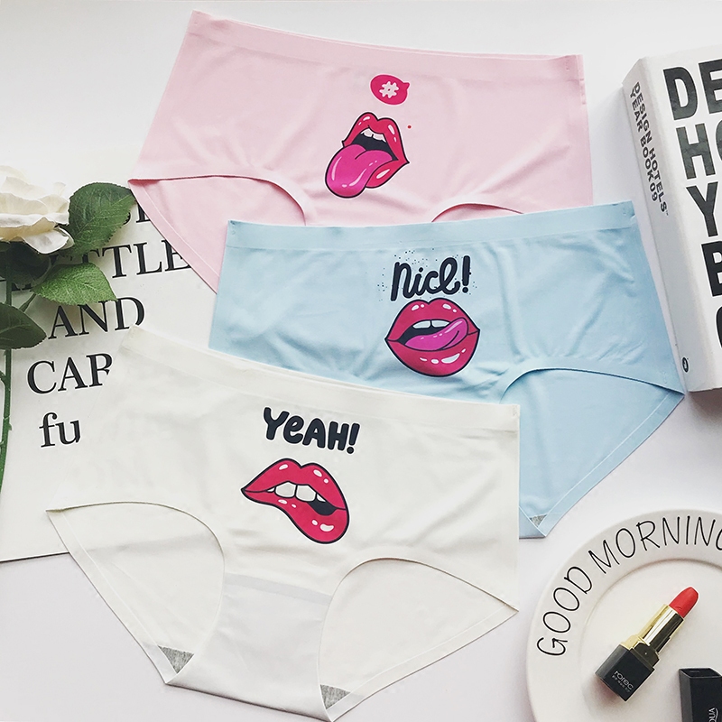 Sexy lips printed ice wire briefs Women in style No marks Cute Girl Cotton Crotch Summer Breathable Big Size Underpants